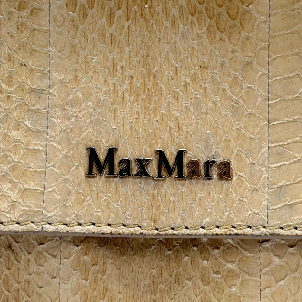 Max Mara Beige Leather Python Print Clutch Bag Chain Strap Luxury Envelope Purse